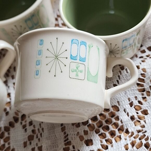 Vintage Set Of 4 Cathay Atomic Starburst Pattern MCM Coffee Mugs - Picture 2 of 7